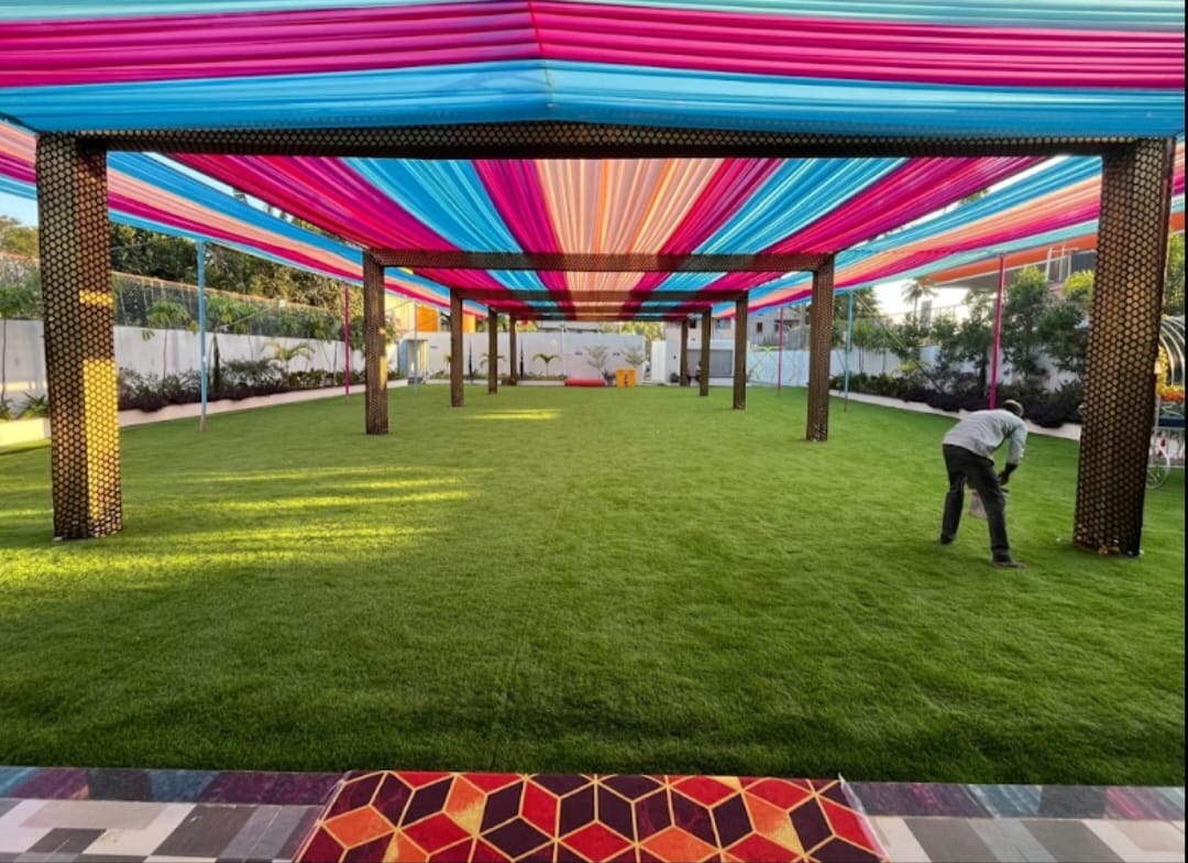 Pastel-themed mehendi lounge setup