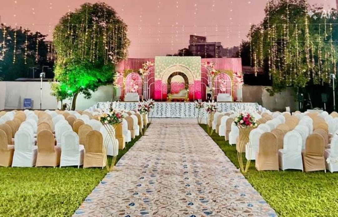 Colourful pergola canopy set up over the lawn at The Heaven Garden Lawns