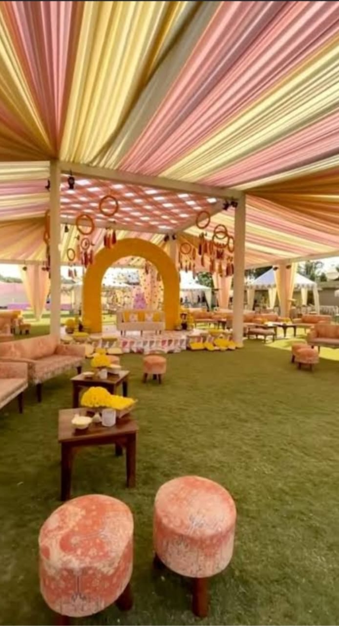 Floral mandap decoration at sunset at The Heaven Garden Lawns